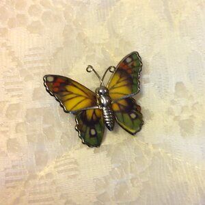 Vintage Multi Color Enamel Silver Tone Butterfly Pin Brooch